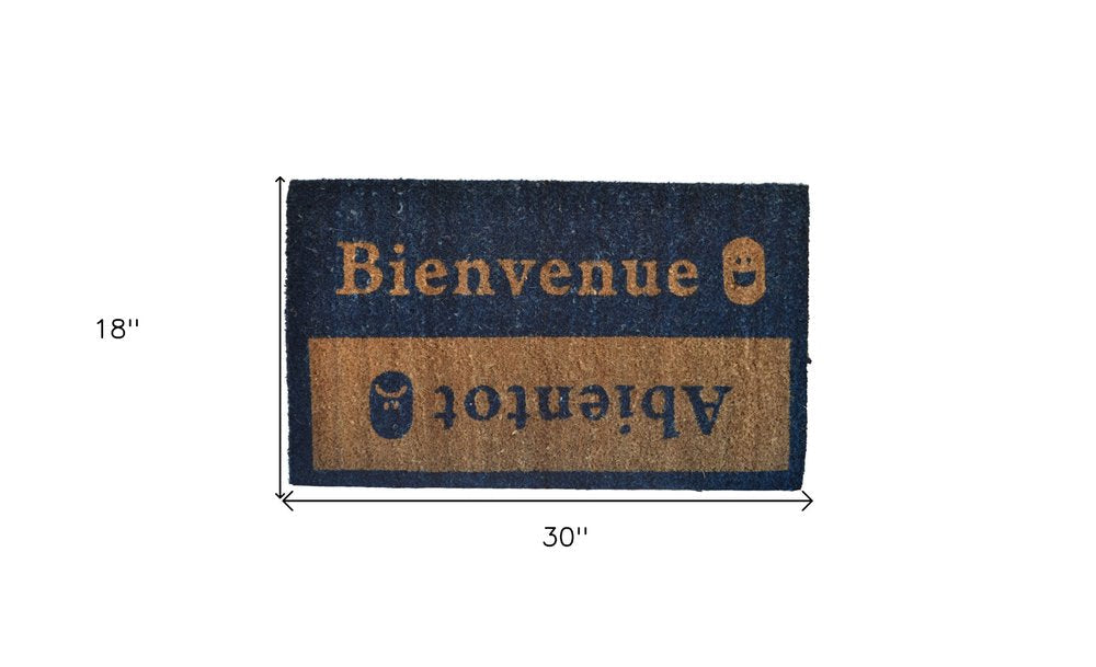 18" X 30" Brown and Blue Coir Bienvenue Abientot Outdoor Door Mat HomeRoots