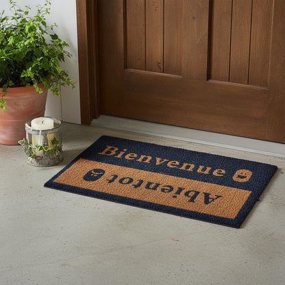 18" X 30" Brown and Blue Coir Bienvenue Abientot Outdoor Door Mat HomeRoots