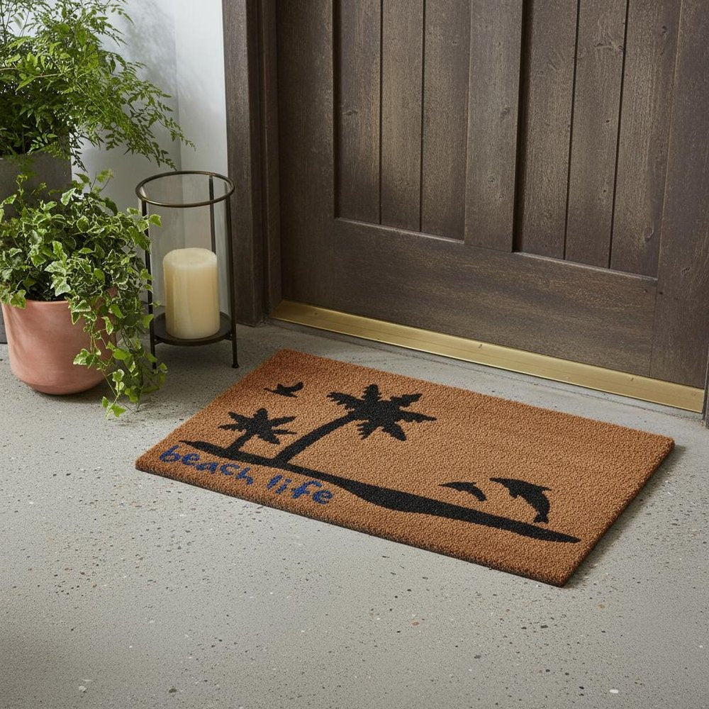 18" X 30" Brown and Black Coir Tropical Beach Life Outdoor Door Mat HomeRoots