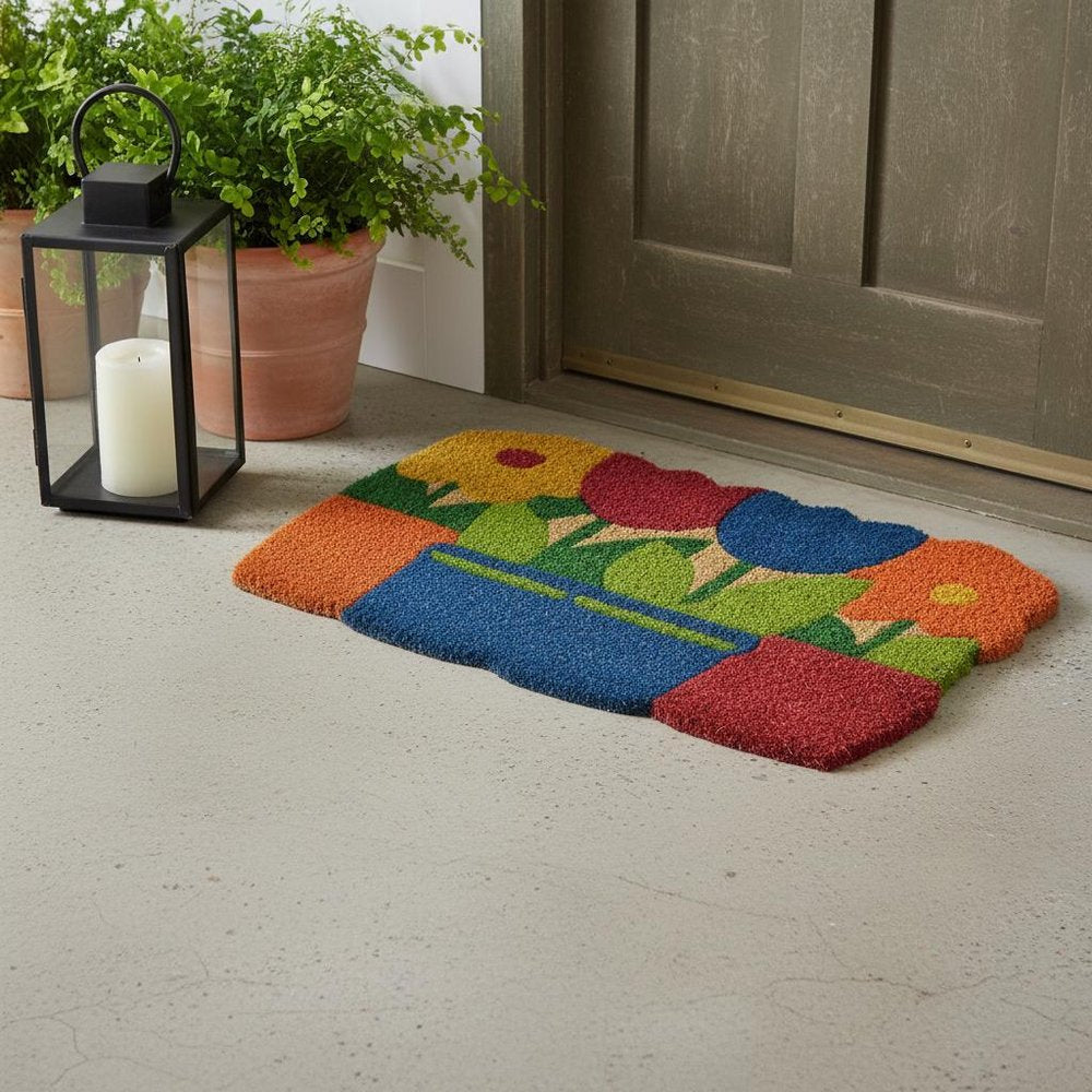 18" X 30" Blue and Red Coir Floral Outdoor Door Mat HomeRoots