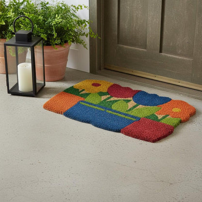 18" X 30" Blue and Red Coir Floral Outdoor Door Mat HomeRoots