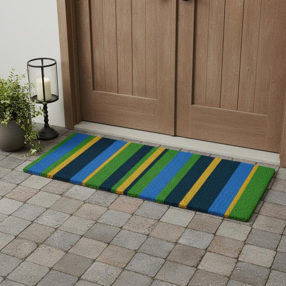 18" X 48" Green and Black Coir Striped Outdoor Door Mat HomeRoots