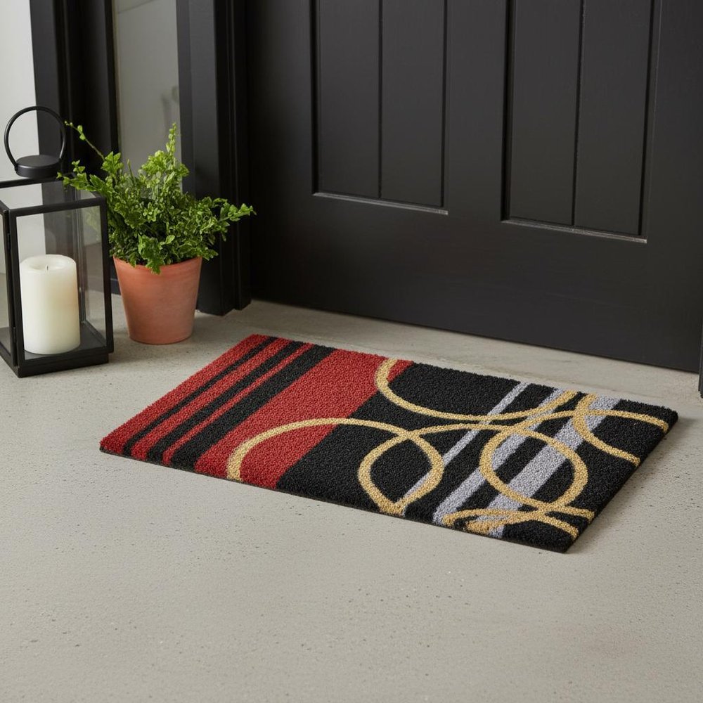 18" X 30" Black and Red Coir Striped Outdoor Door Mat HomeRoots