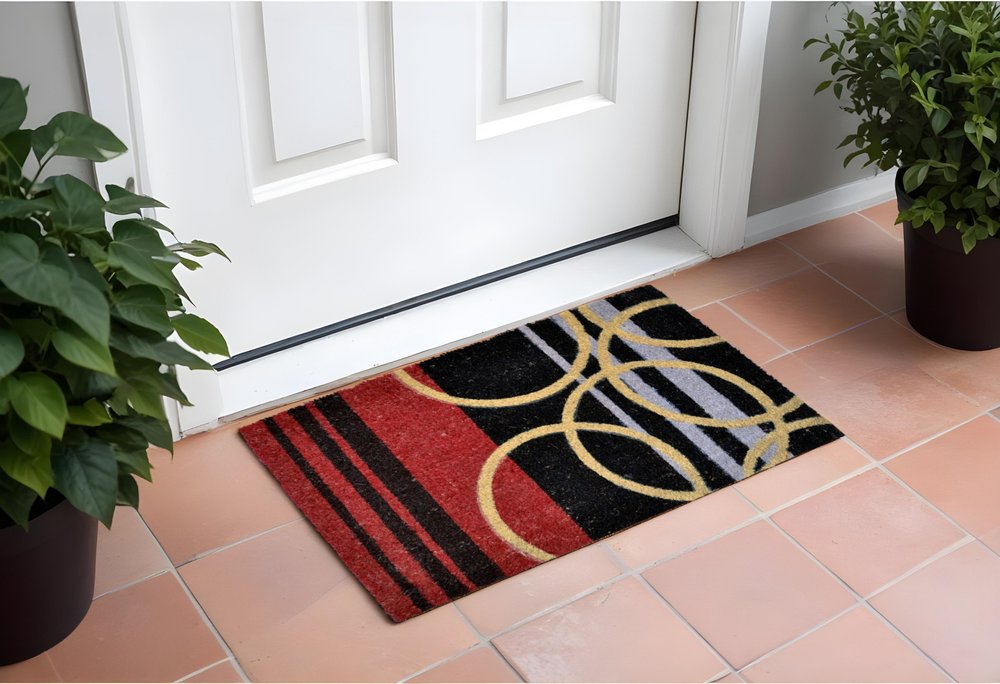18" X 30" Black and Red Coir Striped Outdoor Door Mat HomeRoots