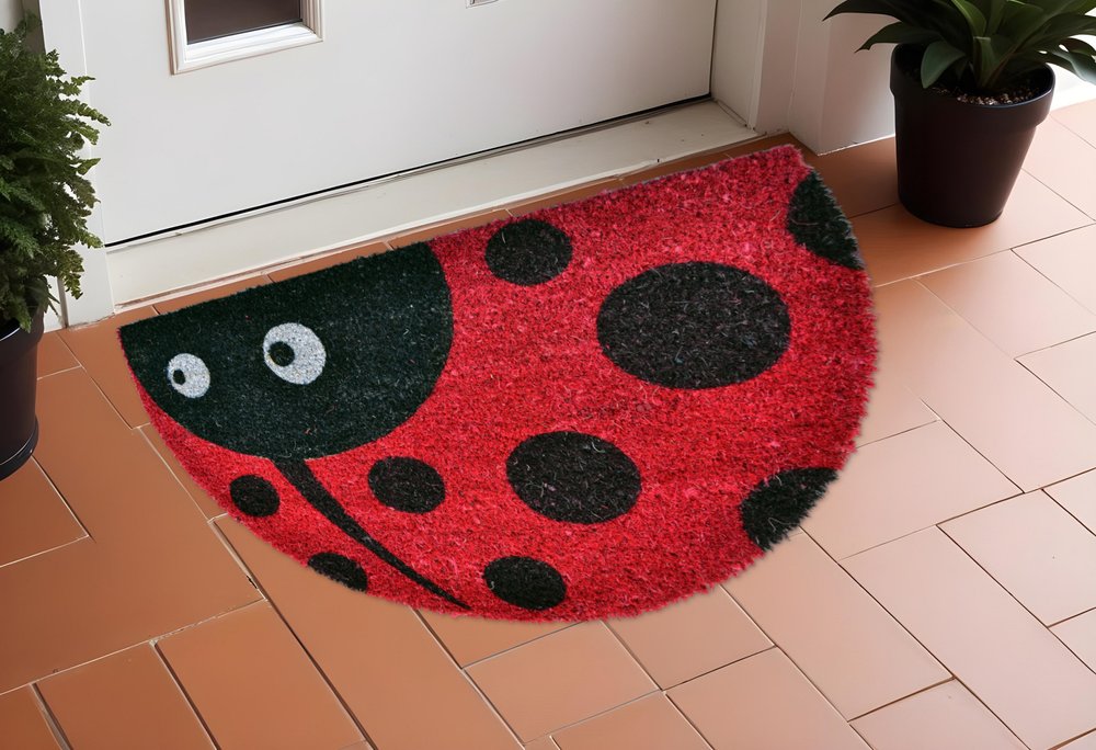 18" X 30" Black and Red Coir Ladybug Outdoor Semi Circle Door Mat HomeRoots