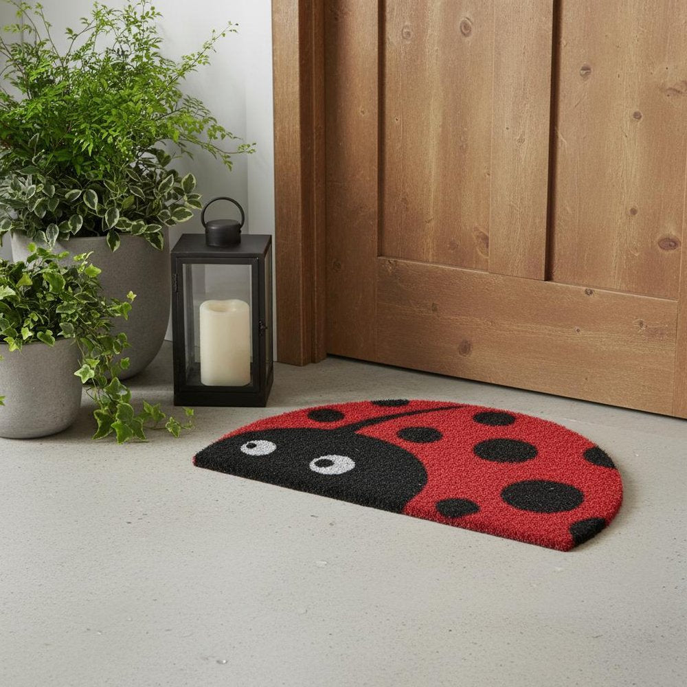 18" X 30" Black and Red Coir Ladybug Outdoor Semi Circle Door Mat HomeRoots