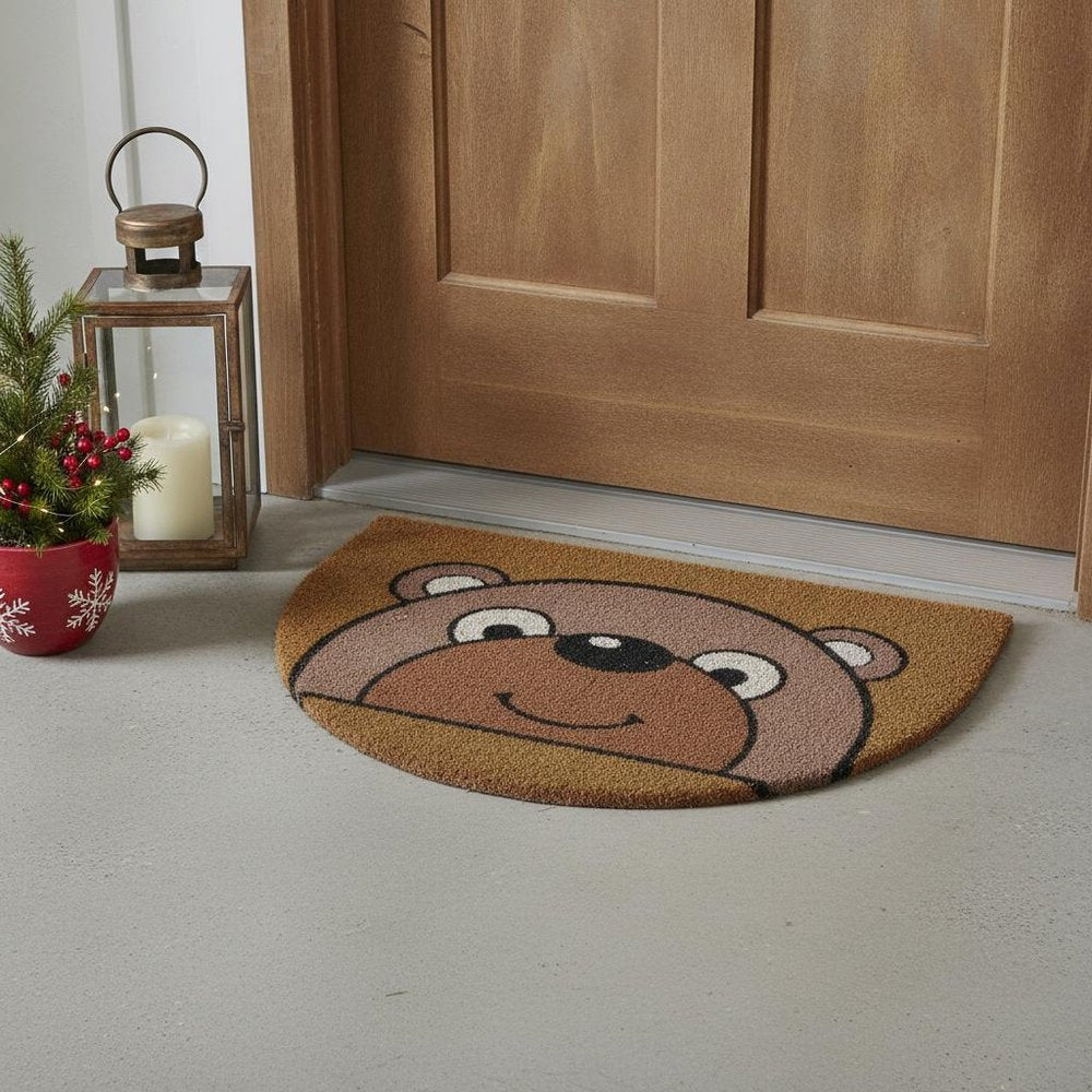 18" X 30" Brown Bear Semi Circle Outdoor Coir Door Mat HomeRoots
