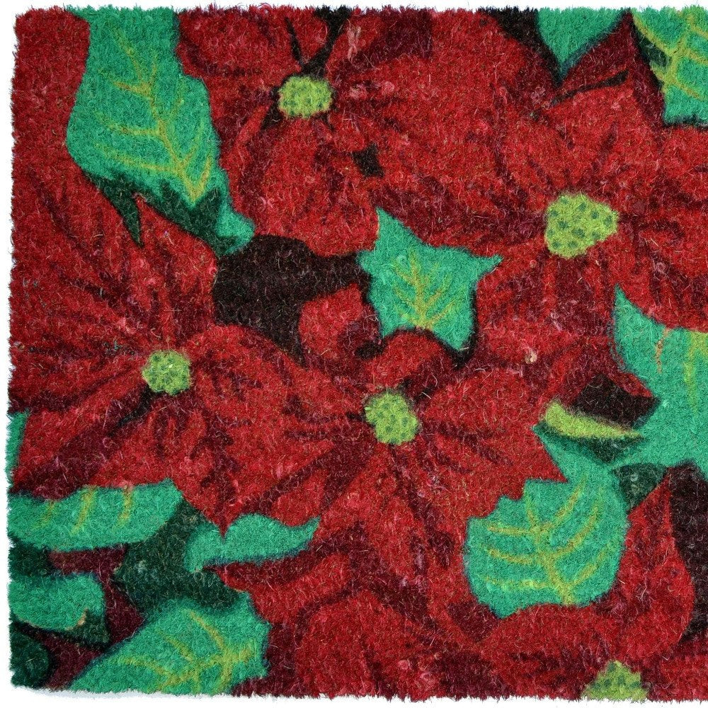 18" X 30" Red and Green Coir Poinsettia Outdoor Christmas Door Mat HomeRoots