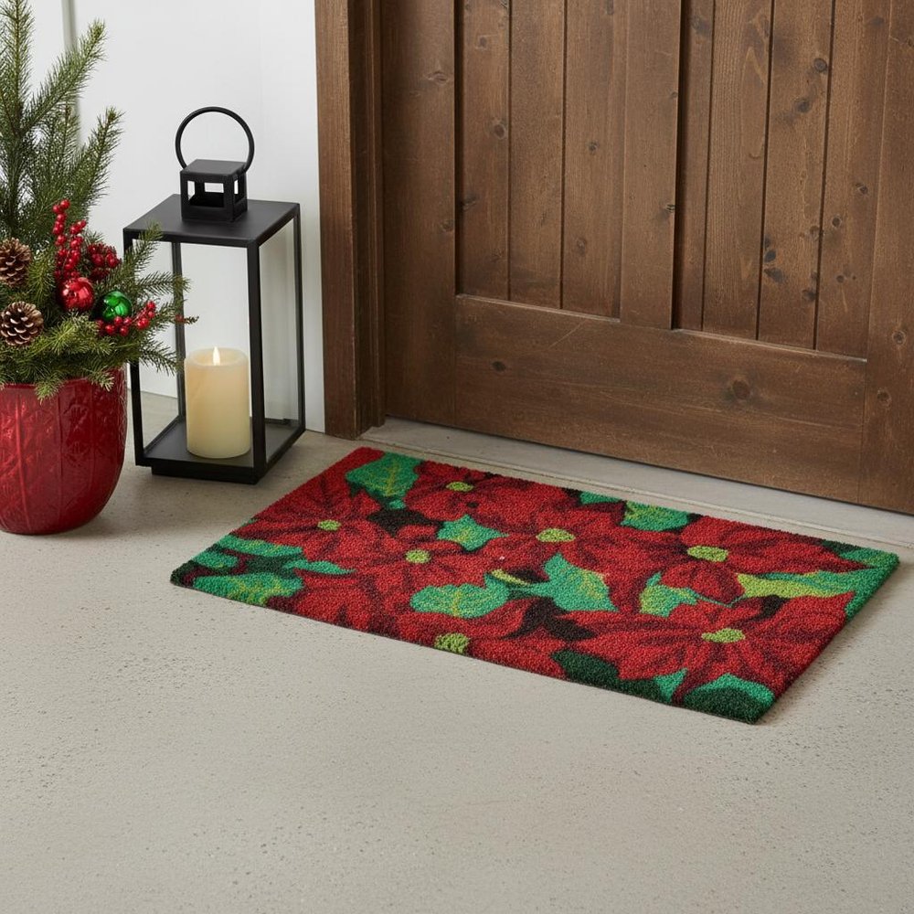 18" X 30" Red and Green Coir Poinsettia Outdoor Christmas Door Mat HomeRoots