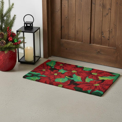 18" X 30" Red and Green Coir Poinsettia Outdoor Christmas Door Mat HomeRoots