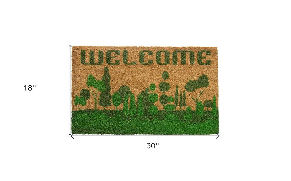 18" X 30" Beige and Green Coir Trees Welcome Outdoor Door Mat HomeRoots