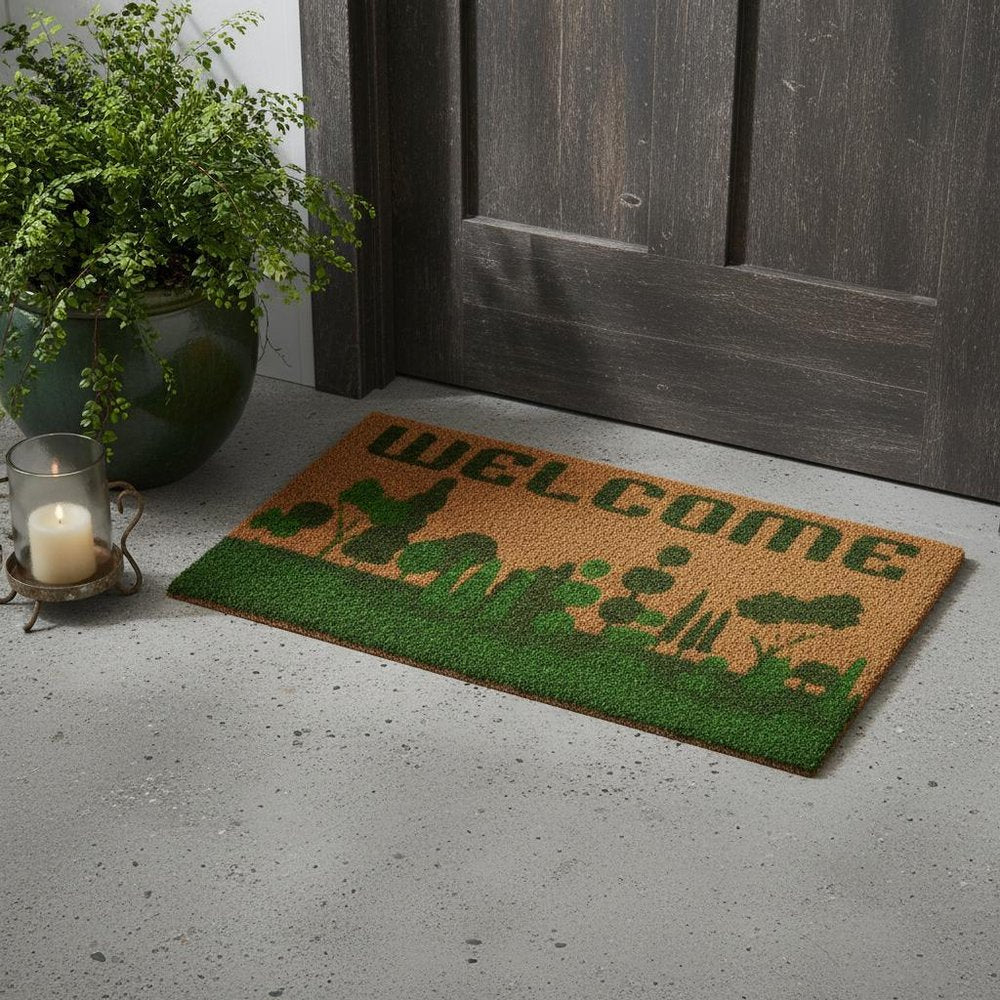 18" X 30" Beige and Green Coir Trees Welcome Outdoor Door Mat HomeRoots