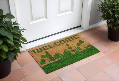 18" X 30" Beige and Green Coir Trees Welcome Outdoor Door Mat HomeRoots