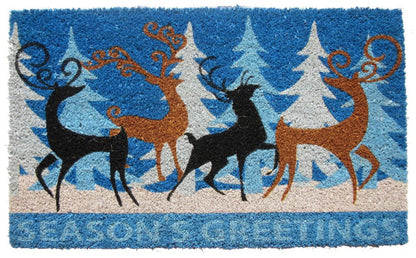 18" X 30" Blue Deer Seasons Greetings Outdoor Coir Door Mat HomeRoots