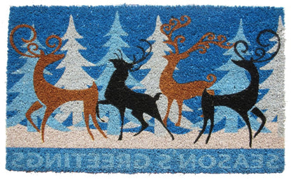 18" X 30" Blue Coir Deer Seasons Greetings Outdoor Holiday Door Mat HomeRoots