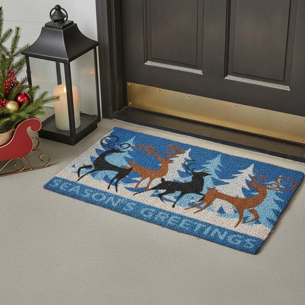 18" X 30" Blue Deer Seasons Greetings Outdoor Coir Door Mat HomeRoots