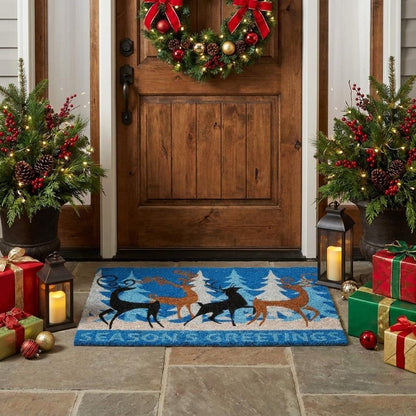 18" X 30" Blue Deer Seasons Greetings Outdoor Coir Door Mat HomeRoots