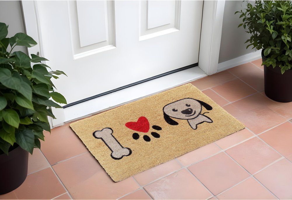 18" X 30" Beige and Black Coir Dog Outdoor Door Mat HomeRoots