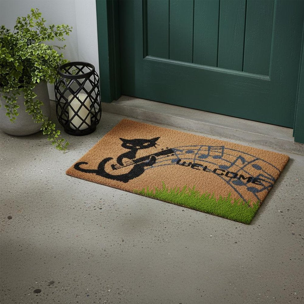 18" X 30" Brown and Black Coir Cat Welcome Outdoor Door Mat HomeRoots