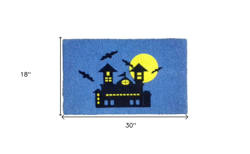 18" X 30" Blue and Black Coir Spooky House Outdoor Halloween Door Mat HomeRoots