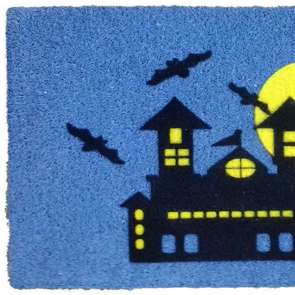 18" X 30" Blue and Black Coir Spooky House Outdoor Halloween Door Mat HomeRoots