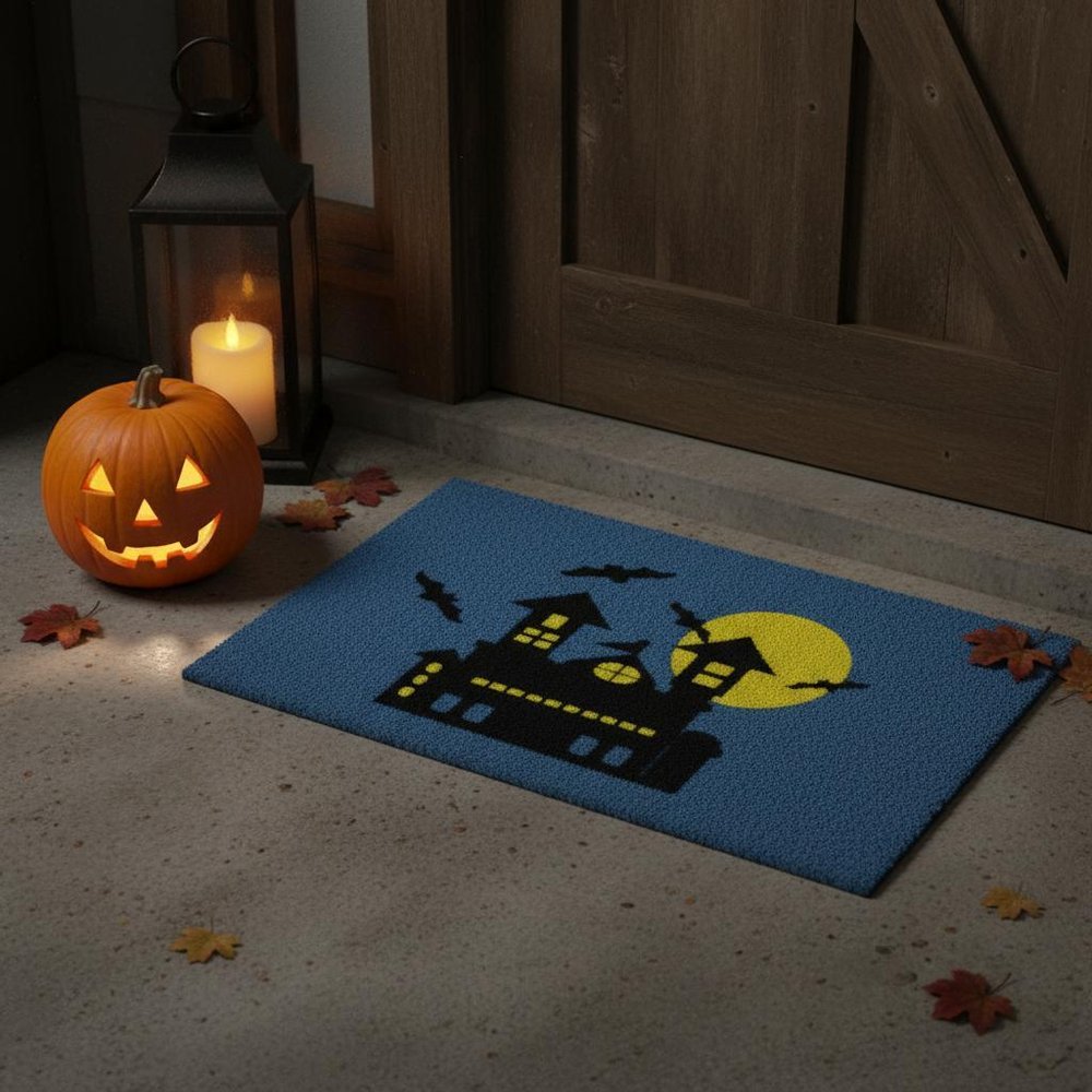 18" X 30" Blue and Black Coir Spooky House Outdoor Halloween Door Mat HomeRoots