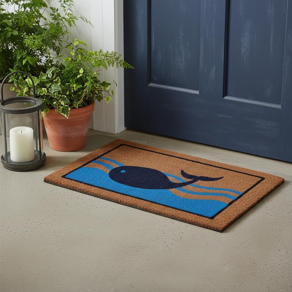 18" X 30" Brown Blue And Red Coir Whale Outdoor Door Mat HomeRoots