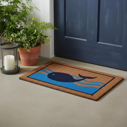 18" X 30" Brown Blue And Red Coir Whale Outdoor Door Mat HomeRoots