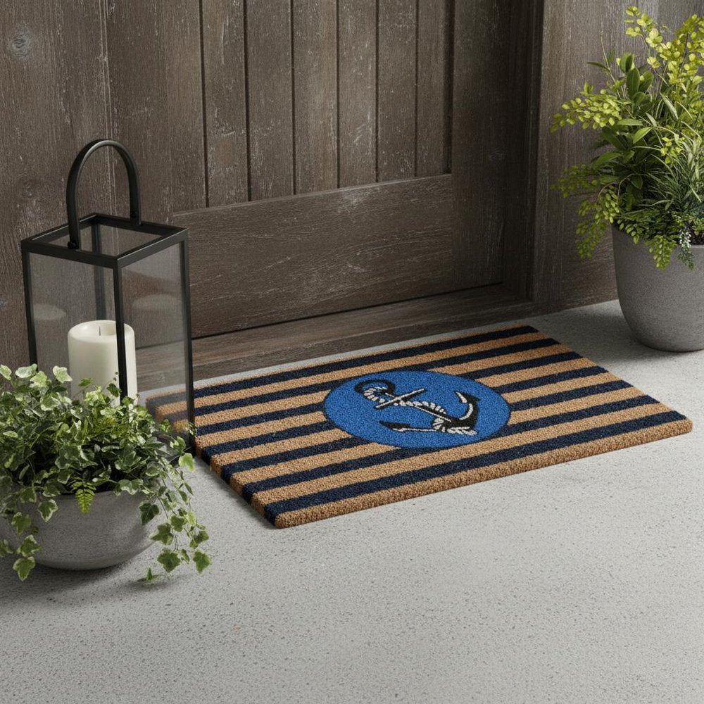 18" X 30" Brown and Blue Coir Anchor Outdoor Door Mat HomeRoots