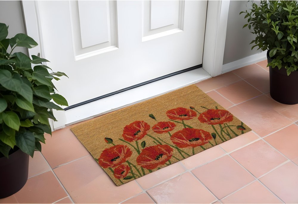 24" X 36" Brown and Red Coir Floral Outdoor Door Mat HomeRoots