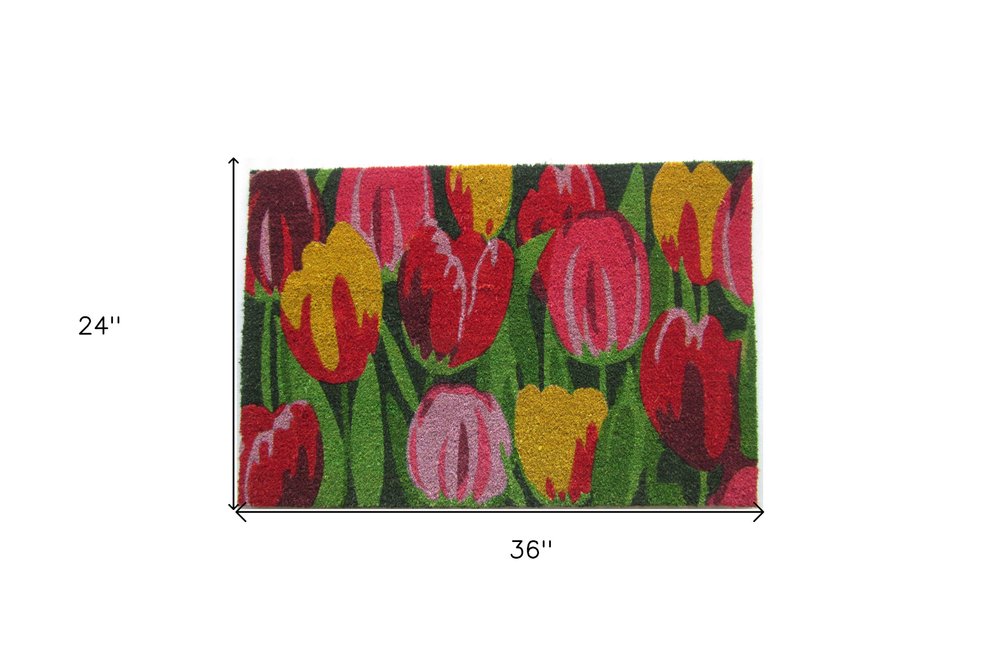 24" X 36" Red and Green Coir Floral Outdoor Spring Door Mat HomeRoots