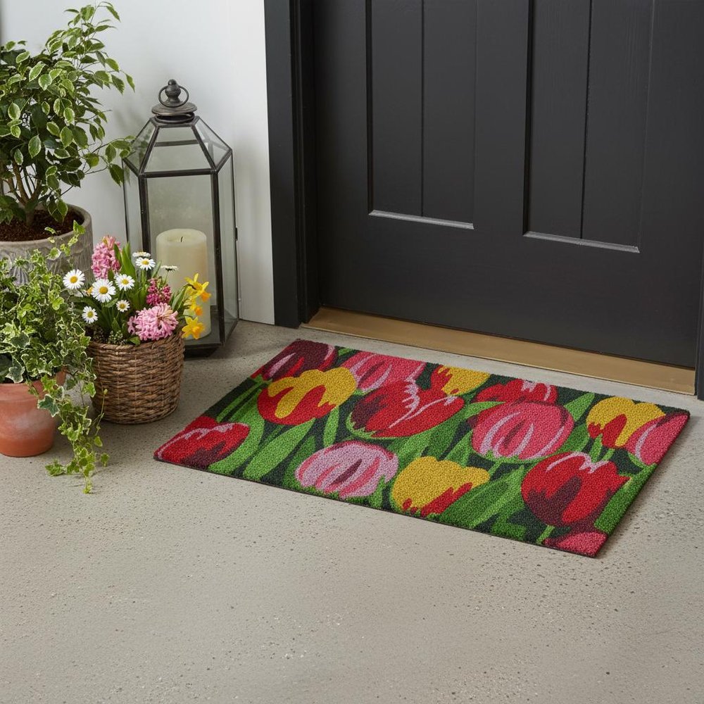 24" X 36" Red and Green Coir Floral Outdoor Spring Door Mat HomeRoots