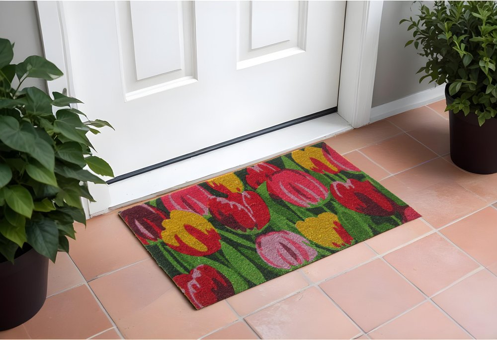 24" X 36" Red and Green Coir Floral Outdoor Spring Door Mat HomeRoots