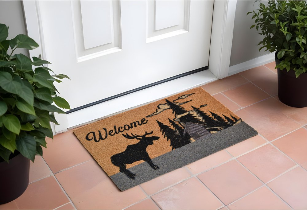18" X 30" Brown and Black Coir Woodland Welcome Outdoor Door Mat HomeRoots