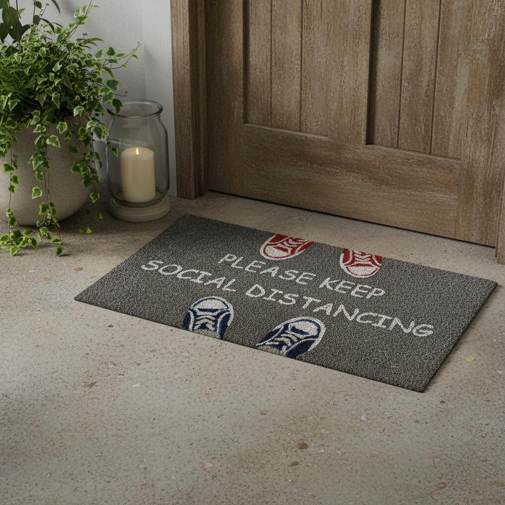 18" X 30" Gray Coir Please Keep Social Distancing Outdoor Door Mat HomeRoots