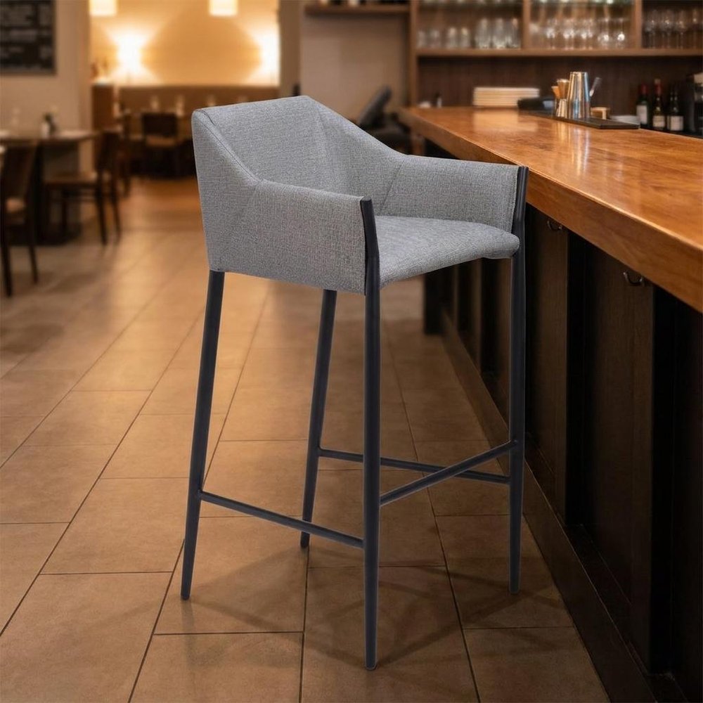 30" Slate Gray And Black Fabric And Steel Bar Height Bar Chair HomeRoots