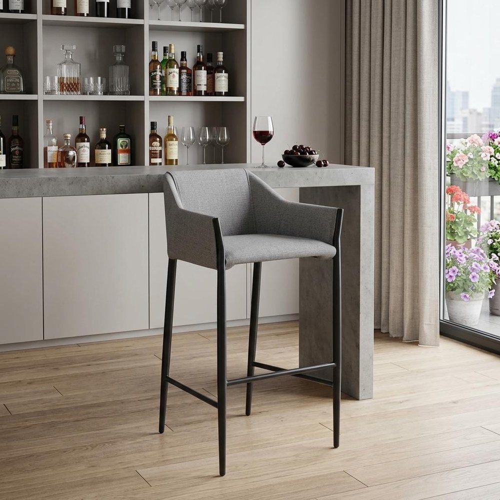 30" Slate Gray And Black Fabric And Steel Bar Height Bar Chair HomeRoots