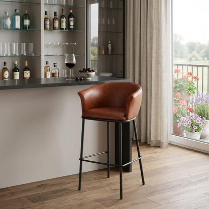 30" Brown And Black Faux Leather And Fabric And Steel Bar Height Bar Chair HomeRoots
