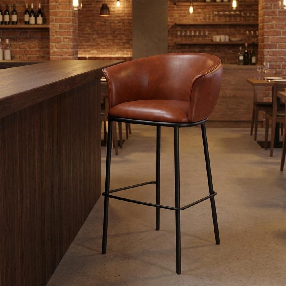 30" Brown And Black Faux Leather And Fabric And Steel Bar Height Bar Chair HomeRoots