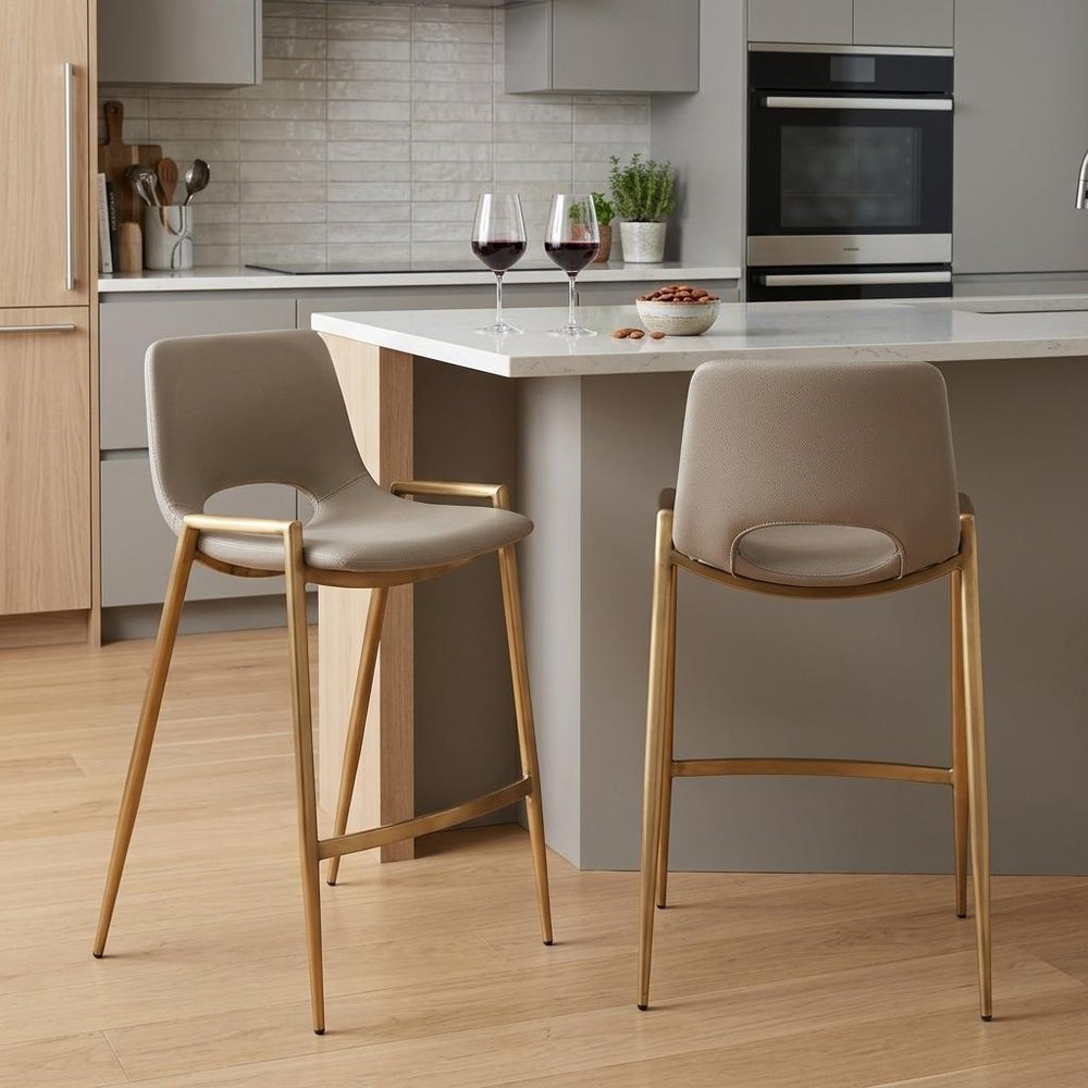 Set of Two 26" Beige And Gold Faux Leather And Fabric And Steel Low Back Counter Height Bar Chairs HomeRoots