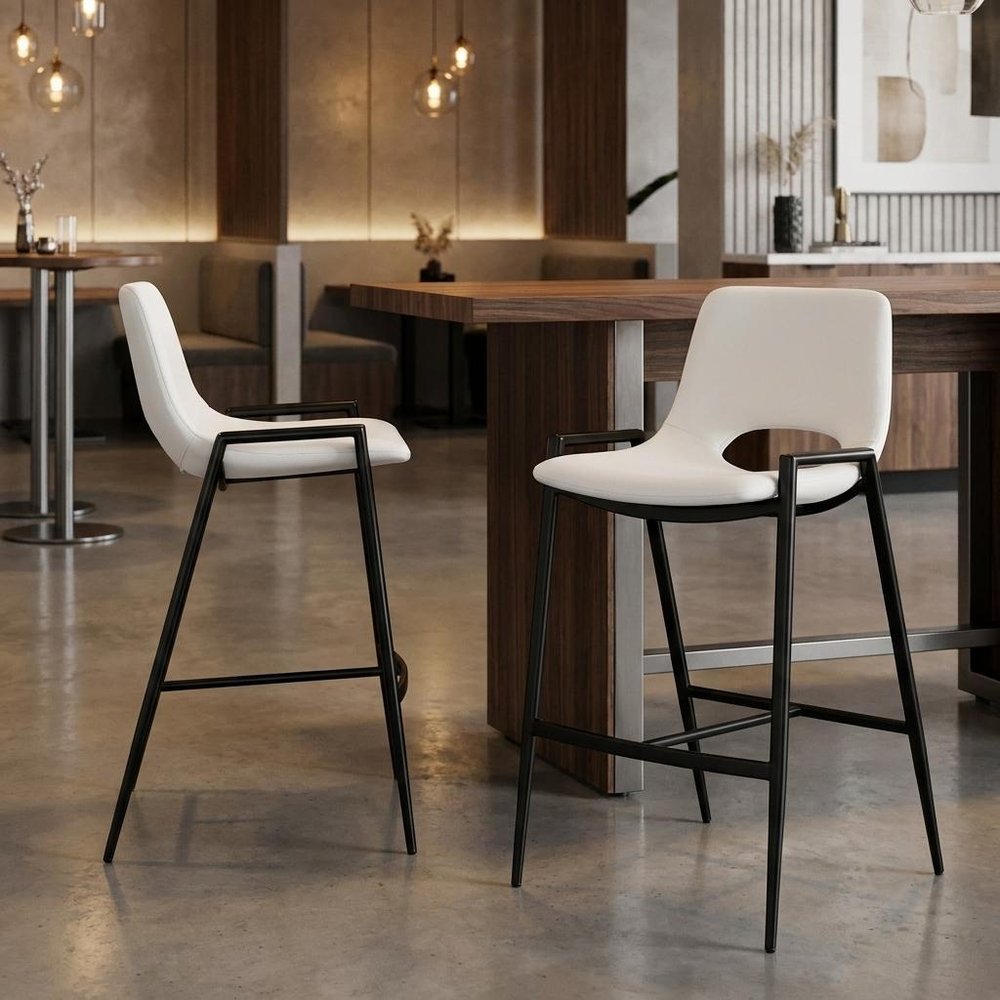 Set of Two 26" Beige And Gold Faux Leather And Fabric And Steel Low Back Counter Height Bar Chairs HomeRoots