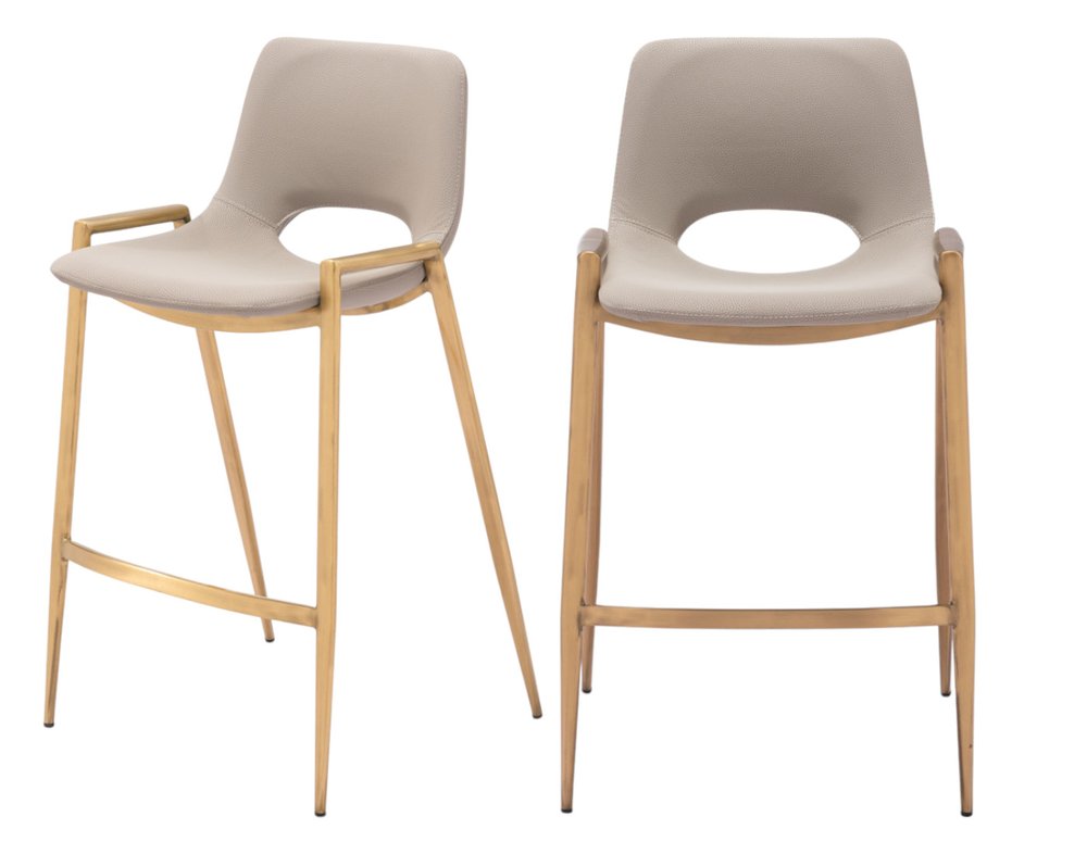 Set of Two 26" Beige And Gold Faux Leather And Fabric And Steel Low Back Counter Height Bar Chairs HomeRoots