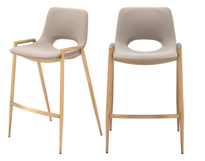 Set of Two 26" Beige And Gold Faux Leather And Fabric And Steel Low Back Counter Height Bar Chairs HomeRoots