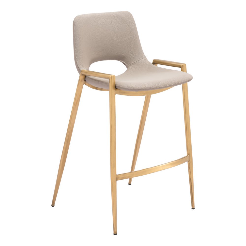 Set of Two 26" Beige And Gold Faux Leather And Fabric And Steel Low Back Counter Height Bar Chairs HomeRoots