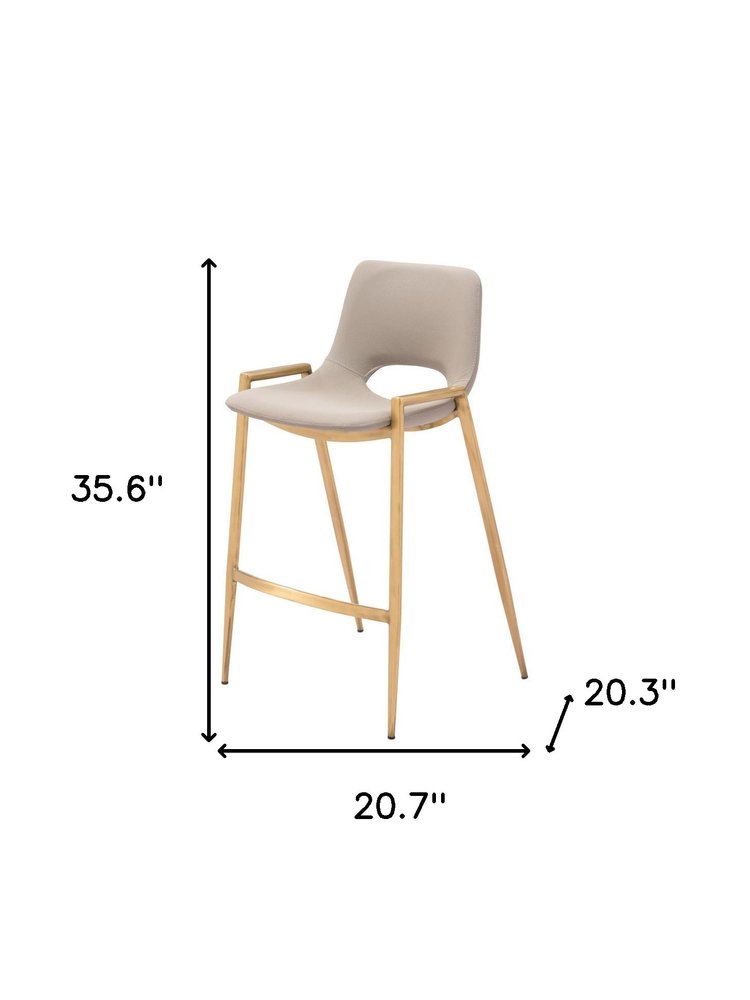 Set of Two 26" Beige And Gold Faux Leather And Fabric And Steel Low Back Counter Height Bar Chairs HomeRoots
