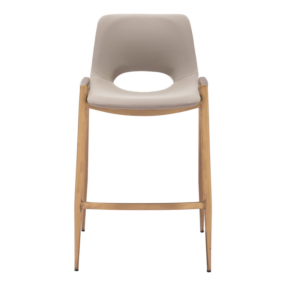 Set of Two 26" Beige And Gold Faux Leather And Fabric And Steel Low Back Counter Height Bar Chairs HomeRoots