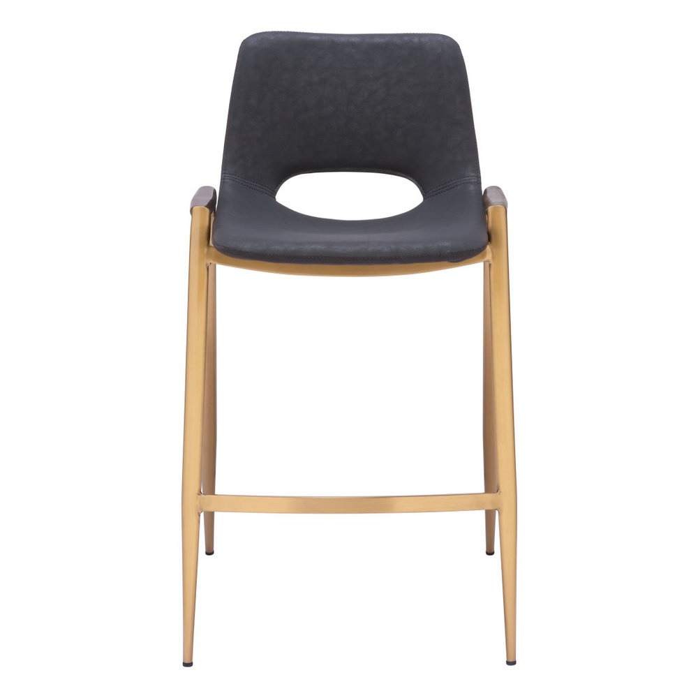 Set of Two 26" Black And Gold Faux Leather And Fabric And Steel Low Back Counter Height Bar Chairs HomeRoots