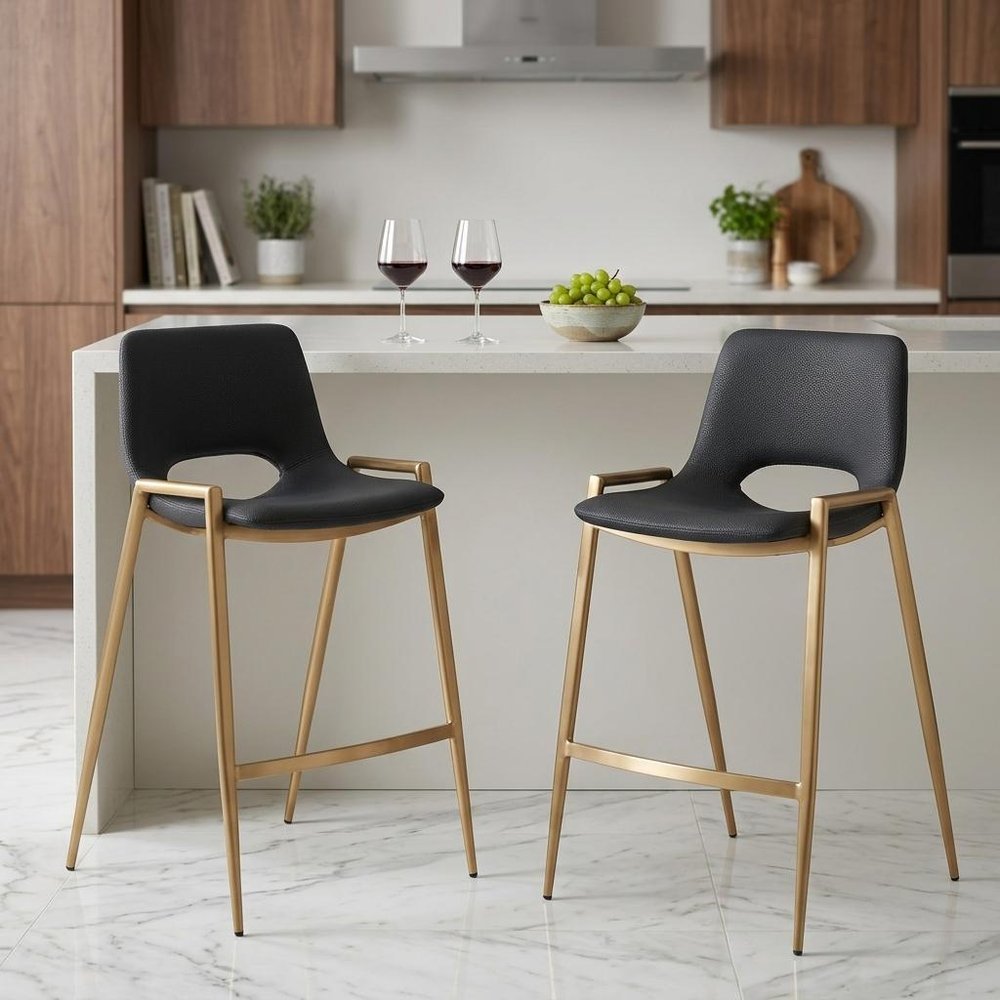 Set of Two 26" Black And Gold Faux Leather And Fabric And Steel Low Back Counter Height Bar Chairs HomeRoots
