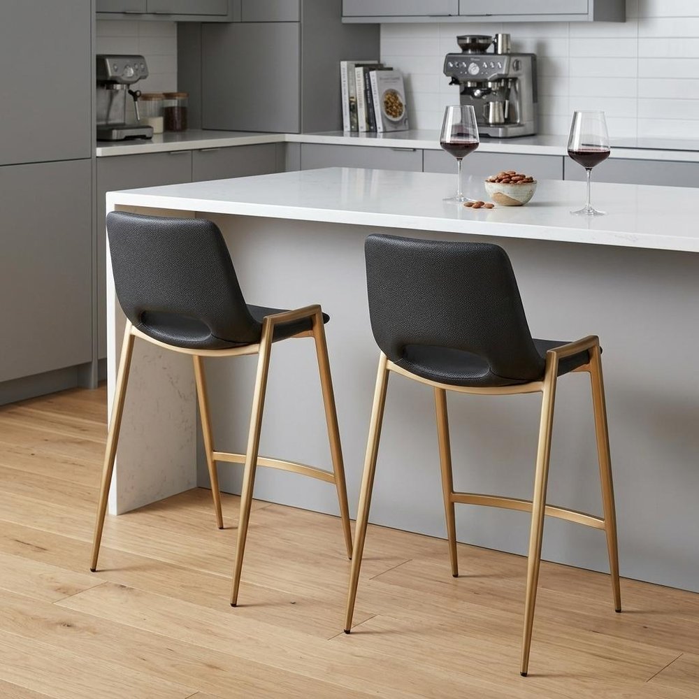 Set of Two 26" Black And Gold Faux Leather And Fabric And Steel Low Back Counter Height Bar Chairs HomeRoots