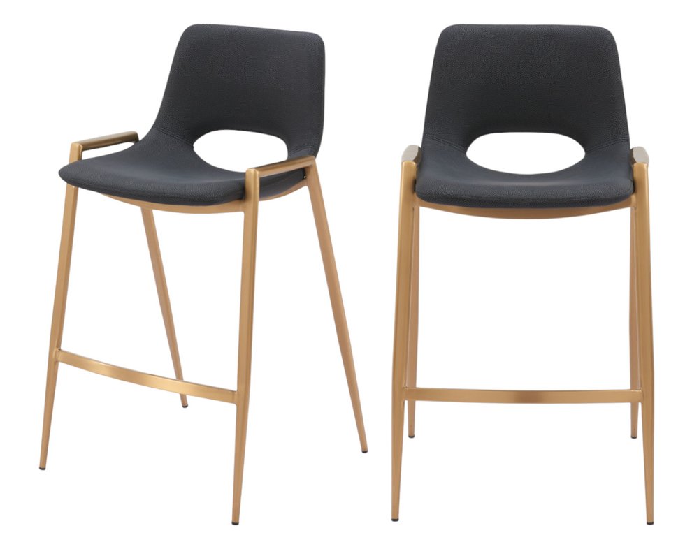 Set of Two 26" Black And Gold Faux Leather And Fabric And Steel Low Back Counter Height Bar Chairs HomeRoots